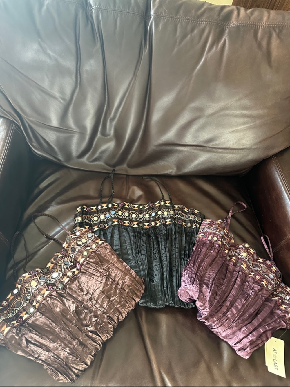 Bundle of 3 At Last Boho Satin Accordion Crinkle Spaghetti Strap Blouses
